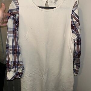 Free Assembly Cream Dress with Plaid Sleeves